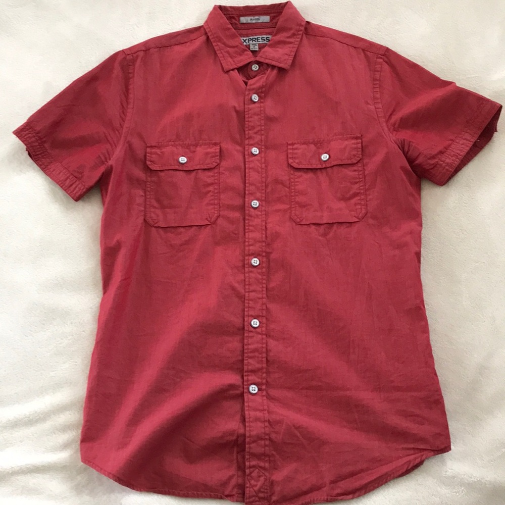 Red Fitted Express Button Up